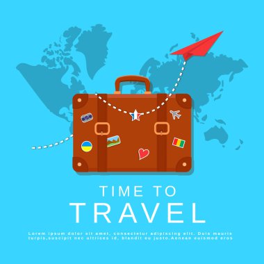 Reklam broşürleri için parlak vektör şablonu. Dünyayı görme zamanı. Yurtdışına seyahat organizasyonu. Seyahat rehberi hizmetleri