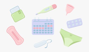 Adet, adet, bisiklet aksesuarları ve objeler. Kadın hijyen çizimleri. Pedler, tamponlar, regl kupası, kan karikatür çizimleri ve ikonlar.