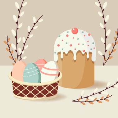 Paskalya pastasında krema ve paskalya yumurtaları renkli paskalya resimli tebrik kartı vektörü