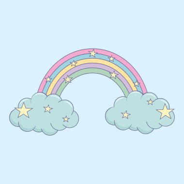 Sevimli Gökkuşağı ve yıldızlar elle çizilmiş vektör illüstrasyon baskı tasarım posteri