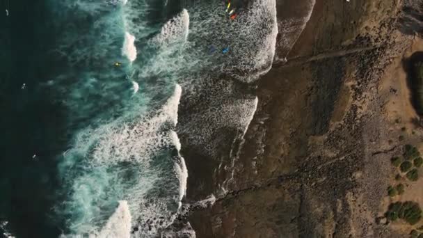 テネリフェ島のビーチで良い波を待っているサーファーの上にドローン便 カナリア諸島 高品質のフルHd映像 — ストック動画