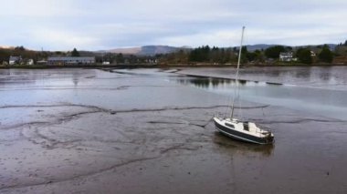 Boat Stuck on Sandbar in Low Flow River.Ireland. Cork. Aerial Drone. High quality 4k footage