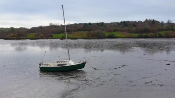Boat Stuck Sandbar Low Flow River Ireland Корк Повітряний Дрон — стокове відео