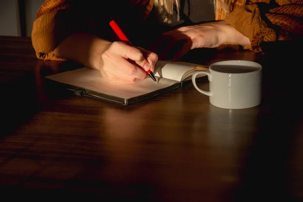 Mulher Estudando Uma Mesa Uma Xícara Café Caderno Luz Pôr — Fotografia de Stock