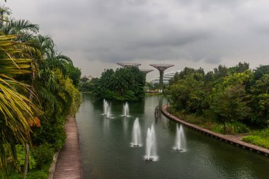 Körfez kenarındaki Gardens 'ın manzara manzarası. Sahil kenarındaki bahçeler Singapur 'un en popüler turistik yeridir.