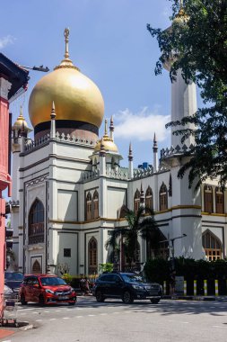 Singapur Şehri, Singapur - 17 Ocak 2023: Sultan Cami Manzarası. Arap mahallesinin sokak manzarası, Mescidi Sultan 'la Singapur.