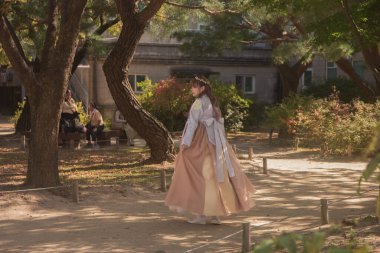 Seul, Güney Kore - 26 Ekim 2024: Gyeongbokgung Sarayı 'nda Hanbok kıyafetli ziyaretçiler. Her yaştan insan kültürel deneyimden zevk alır. Gyeongbokgung Sarayı 'nda yerli ve yabancı turistler.