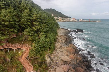 Güney Kore, Busan 'daki deniz manzarası. Güney Kore, Busan 'daki okyanus kıyısının manzarası..