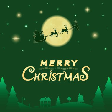 Noel, Noel ve kış tatilleri için tebrik kartı. Noel Baba kızağında ren geyikleriyle gökyüzünün arka planında dolunay ve yıldızlarla uçuyor. Kış manzarası, vektör çizimi