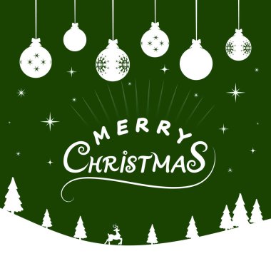 Yeşil arka planda beyaz harfli el çizimi vektör çizimi, köknar ağaçları, ren geyikleri ve Noel topları olan kış manzarası. Noel için tebrik kartı, kış tatili. Kağıt kesim biçimi