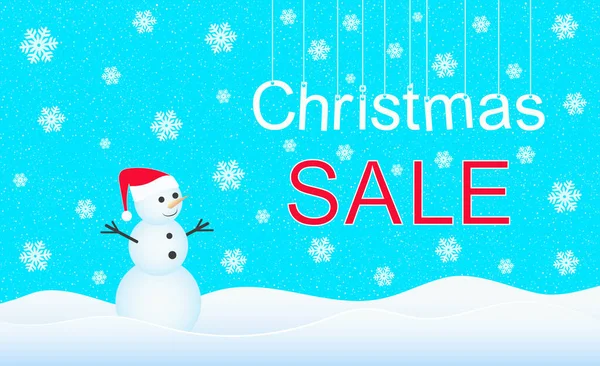 雪男と冬の風景は 単語のクリスマスの文字が上からハングし 雪のフレークを背景に単語Sale メリークリスマス クリスマス 休日割引カード ベクターイラスト — ストックベクタ