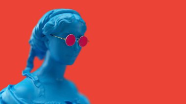 Kırmızı arka planda gözlüklü bir kadının 3D portresi