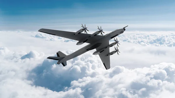 3Dは爆撃機の飛行機をレンダリング雲の上を飛ぶ — ストック写真