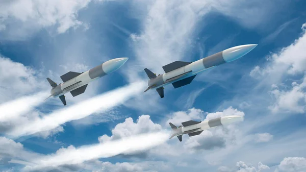 3Dレンダリング3ロケットはロケットの後ろにウクライナの煙で空戦争で飛ぶ — ストック写真