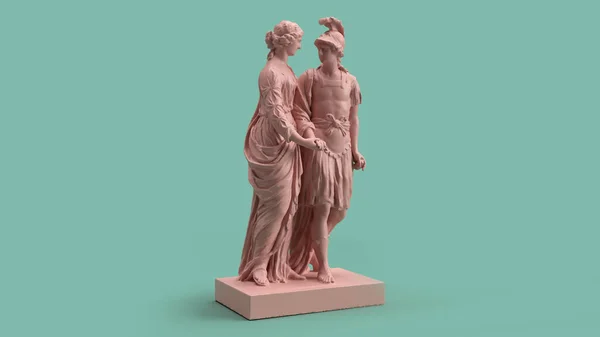 분홍색의 초록빛 파스텔 색깔의 관계에 남자와 여자의 조각상을 만든다 — 스톡 사진