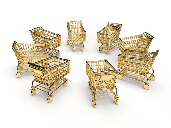 Render Many Golden Carts Stand Circle White Background Commerce Marketing — Stock Photo, Image