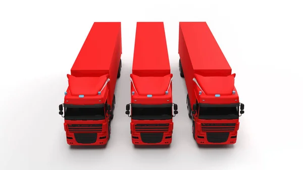 3d render three red trucks on a white background delivery logistics