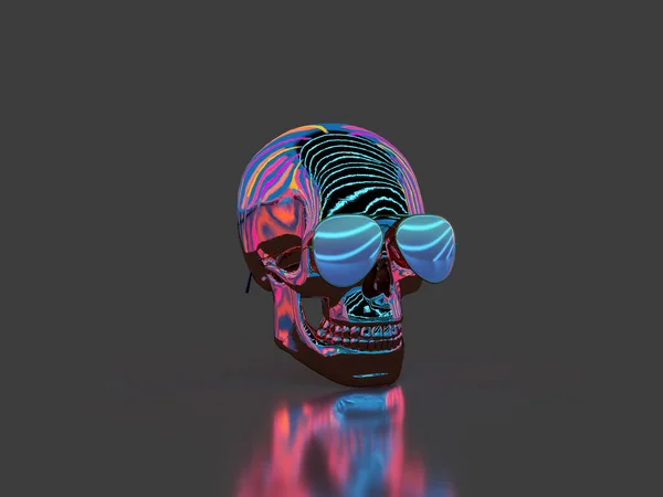 Rendelenmiş Kafatası Neon Işıklı Cam Siyah Fırın — Stok fotoğraf