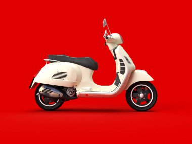 3D görüntüleme, kırmızı arka planda beyaz scooter teslimatı 