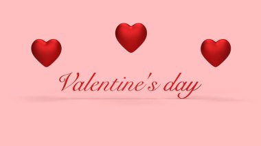 3D görüntüleme, pembe arka planda üç kırmızı kalp ve kırmızı metin Sevgililer Günü arka planı