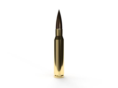 3D görüntüleme, bronz metal mermi beyaz arka planda duruyor. Gölgesi ve savaş silahlarıyla birlikte.