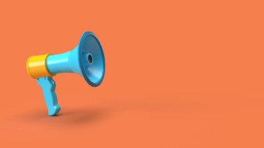 3D megafon renginde turuncu arka plan solda. Metne yer var.
