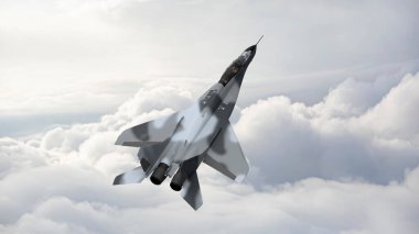 3D savaş uçağı gökyüzünde uçuyor.