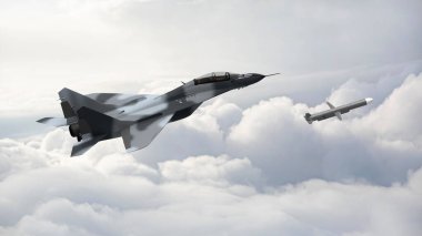 3D savaş uçağı ve roket gökyüzünde bulutlu hava bombardımanı, Ukrayna 'daki savaş, Rusya savaşı