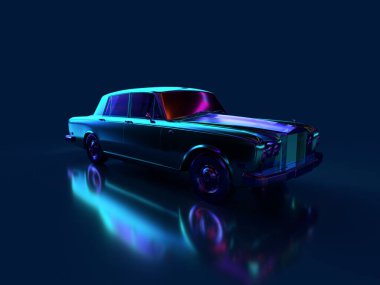 3D render parlak metal siber punk stili mavi neon