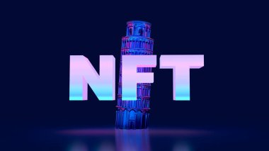 Sanatsal arkaplan üzerinde 3D render siber punk konsept metin nft mimarisi