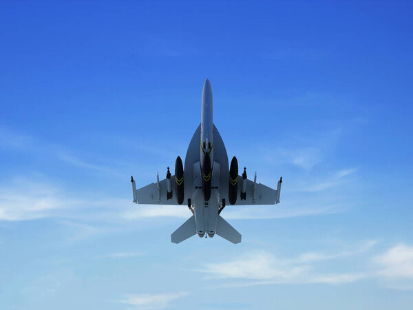 3d render  fighter plane in the sky bottom view