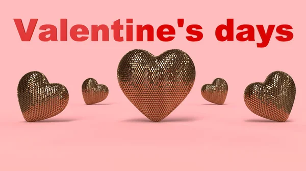 3d render, Valentine\'s day, five golden hearts on a pink background and red text Valentine\'s Da