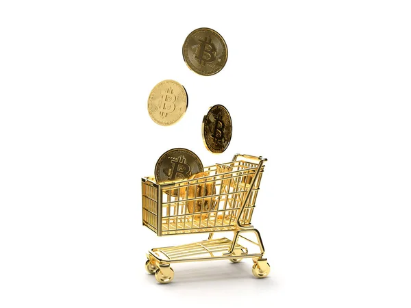 Göra Bitcoin Guldmynt Faller Från Himlen Vagn Isolerad Vit Bakgrund — Stockfoto