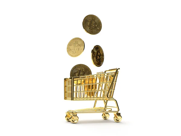 Render Bitcoin Arany Érmék Alá Égből Egy Kosárba Elszigetelt Fehér — Stock Fotó