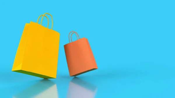 3D渲染蓝色背景购物袋 黄色和橙色袋 — 图库照片