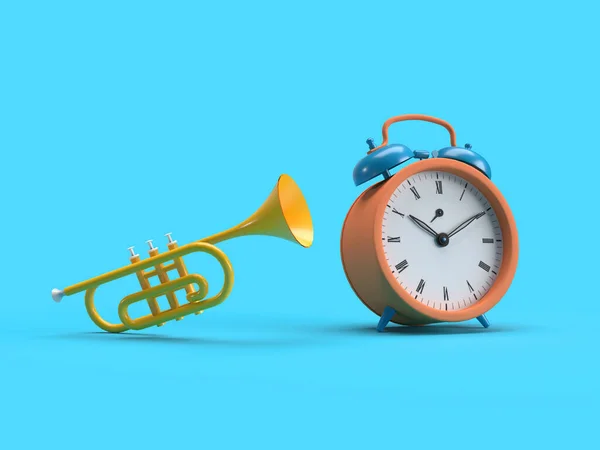Render Uyanmak Çalar Saat Müzik Trompet Çalar Saat Mavi Arka — Stok fotoğraf