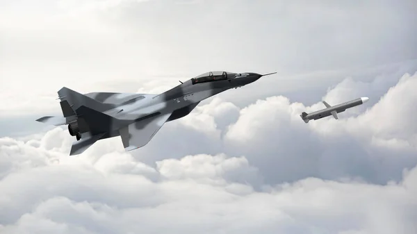 3Dレンダリング戦闘機と空の雲の空気爆撃でロケット ウクライナの戦争 ロシア戦争 — ストック写真