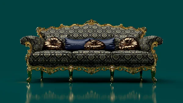 3d render antique sofa decorated with gold on a green background