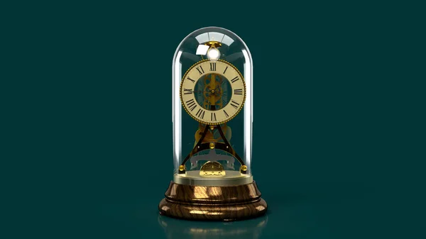 3d render vintage golden times clock antiques on green background mechanism seen through glass
