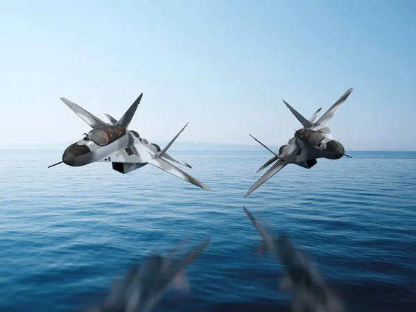 3Dレンダリング海の上に戦闘機の戦争を追いかけて2機の戦闘機 — ストック写真