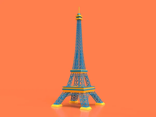3D渲染漫画艾菲尔铁塔蓝黄色橙色明亮的背景 — 图库照片
