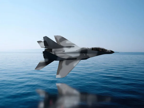 Savaş Uçağı Suyun Üzerinde Uçuyor Kanatlarını Tırmalıyor Askeri Bombardıman Yapıyor — Stok fotoğraf