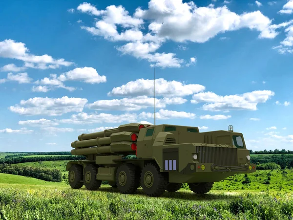 3d render volley fire system ukraine hail missiles in nature war