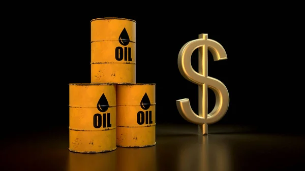Візуалізація Трьох Жовтих Барелів Нафти Золотий Символ Долара Чорному Тлі — стокове фото