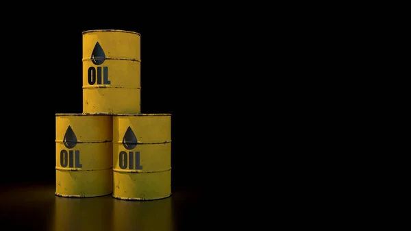 在黑色底色上画三个黄色的油桶左边的油罐是右边文字的地方 — 图库照片