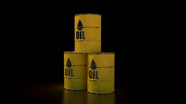 Vykreslit Tři Žluté Sudy Oleje Černém Pozadí Uprostřed — Stock fotografie