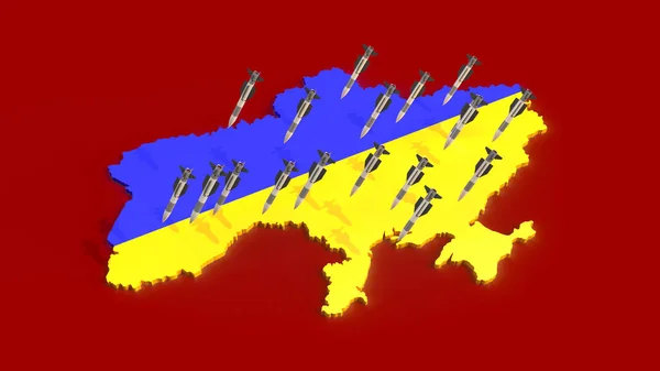 国境の3Dレンダリング青黄色のウクライナは 赤の背景にミサイルで発射されます — ストック写真