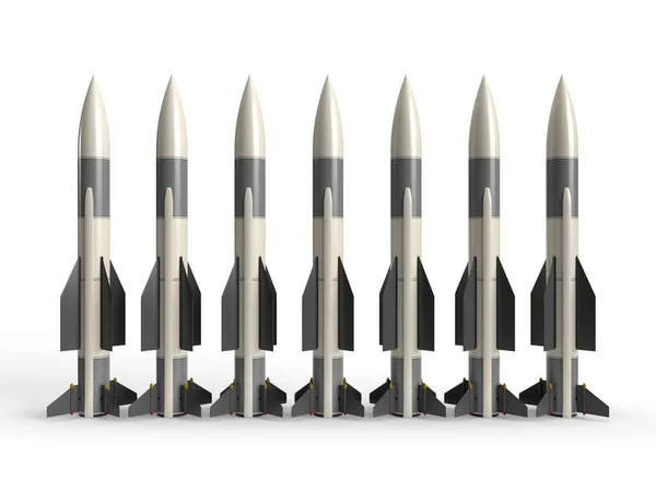 在乌克兰的白底战争中 3D使许多导弹连成一排竖立起来 — 图库照片