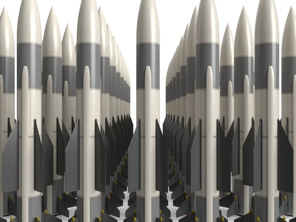 3Dレンダリングミサイルは ウクライナのための弾薬庫の行に立つ — ストック写真