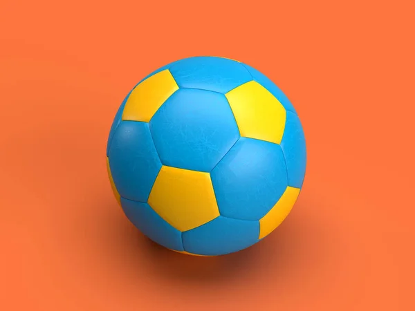 Καθιστούν Δέρμα Μπλε Κίτρινη Μπάλα Ποδοσφαίρου Πορτοκαλί Φόντο — Φωτογραφία Αρχείου